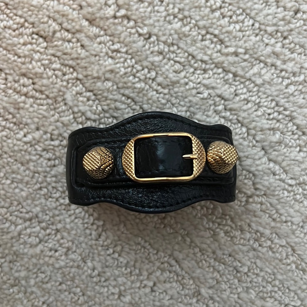 Black Leather Bracelet with Gold Buckle Accent